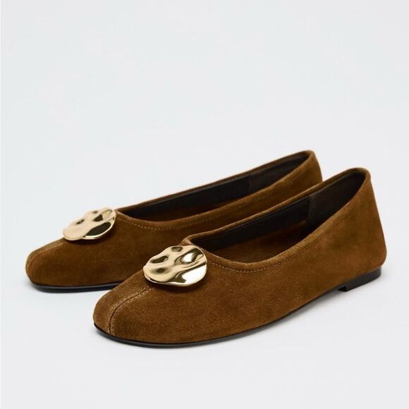Zara Shoes - ZARA SUEDE gold buckle flats